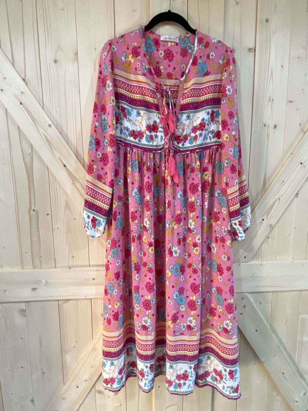 R.Vivimos Women's V-Neck Long Sleeve Boho Floral Print Tassel Midi Dress Rose Pi